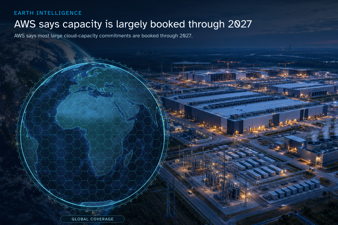 AWS says most large cloud-capacity commitments are booked through 2027. · Geographic illustration: Global overview · AI-generated event artwork