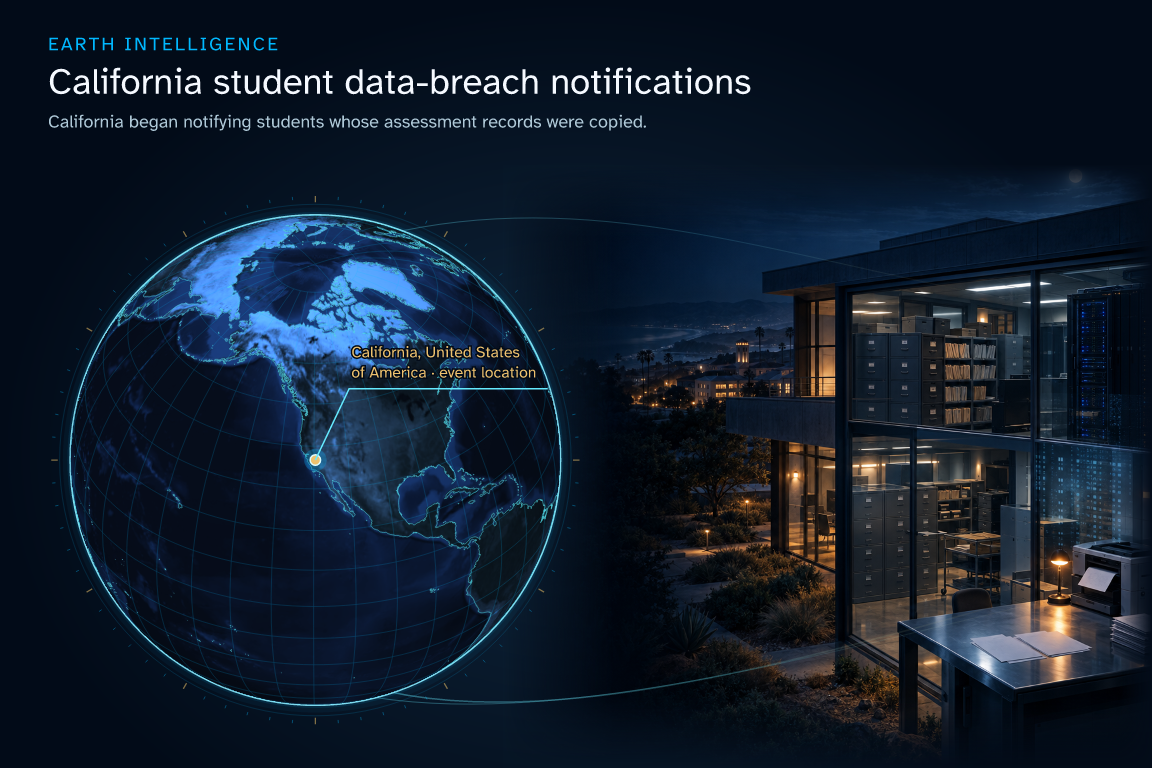 California began notifying students whose assessment records were copied. · Geographic illustration: California, United States of America · event location · AI-generated event artwork