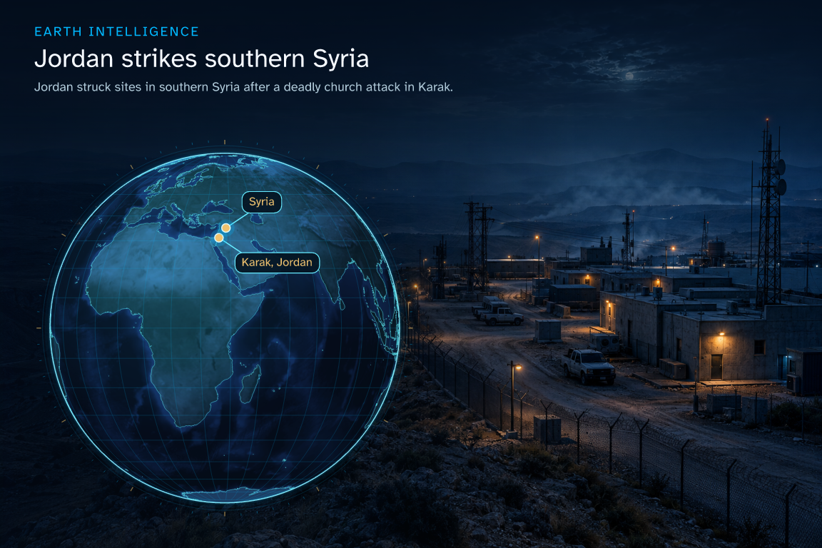 Jordan struck sites in southern Syria after a deadly church attack in Karak. · Geographic illustration: Karak, Jordan · event location; Syria · event location · AI-generated event artwork