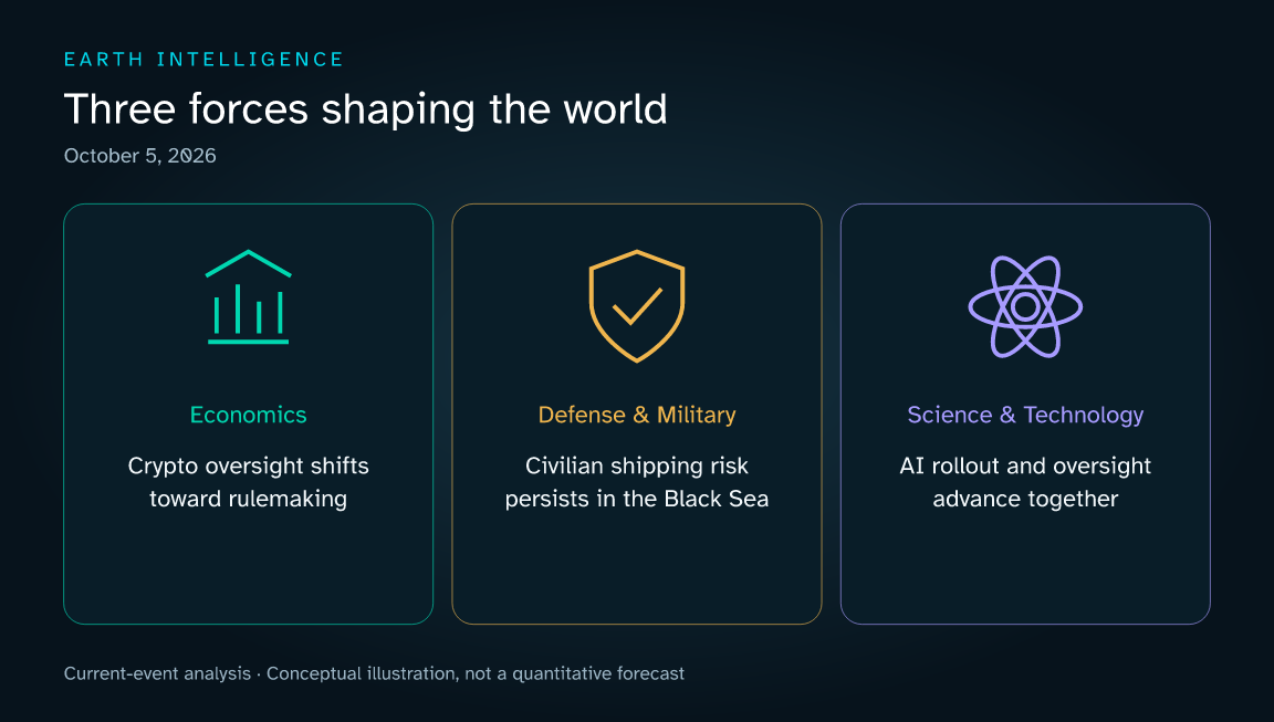 Three current themes: Crypto oversight shifts toward rulemaking; Civilian shipping risk persists in the Black Sea; AI rollout and oversight advance together. Conceptual illustration, not a data chart.