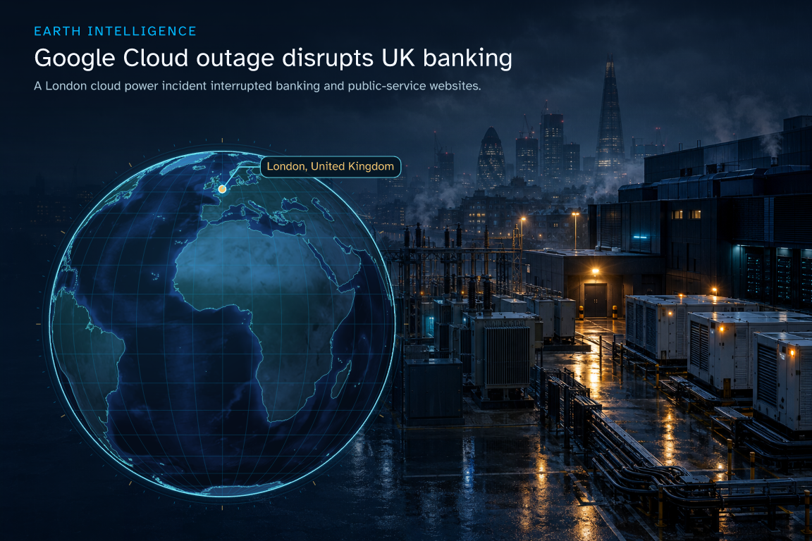A London cloud power incident interrupted banking and public-service websites. · Geographic illustration: London, United Kingdom · AI-generated event artwork