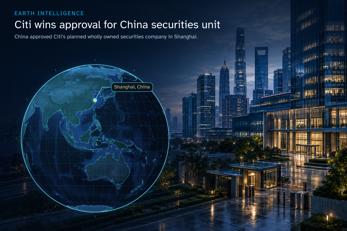 China approved Citi’s planned wholly owned securities company in Shanghai. · Geographic illustration: Shanghai, China · AI-generated event artwork