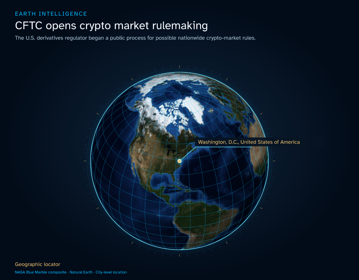 The U.S. derivatives regulator began a public process for possible nationwide crypto-market rules. · Geographic illustration: Washington,  D.C., United States of America