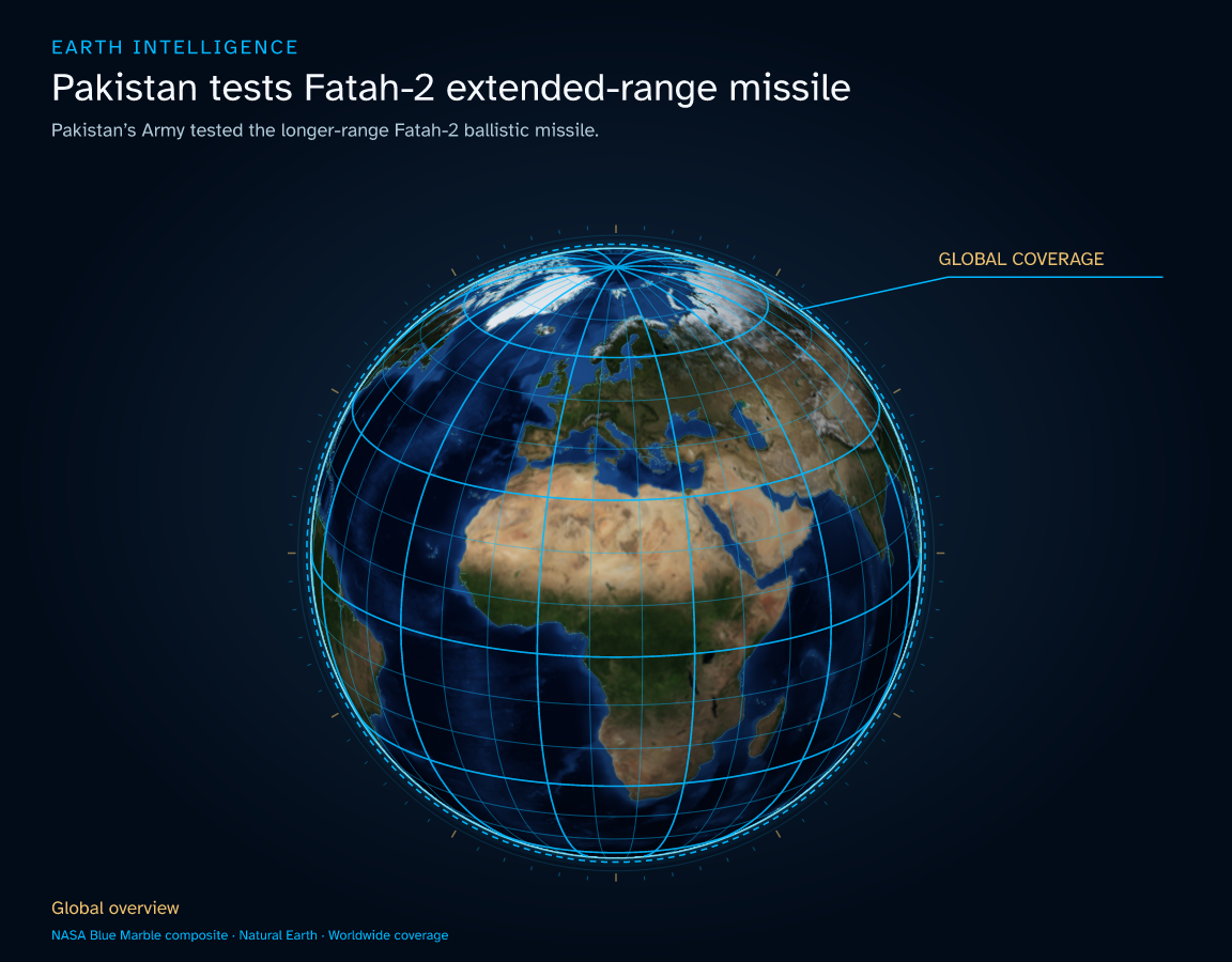 Pakistan’s Army tested the longer-range Fatah-2 ballistic missile. · Geographic illustration: Global overview