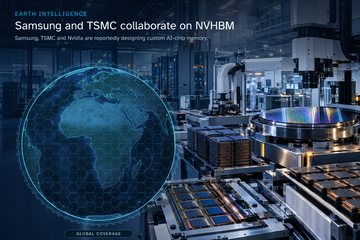 Samsung, TSMC and Nvidia are reportedly designing custom AI-chip memory. · Geographic illustration: Global overview · AI-generated event artwork