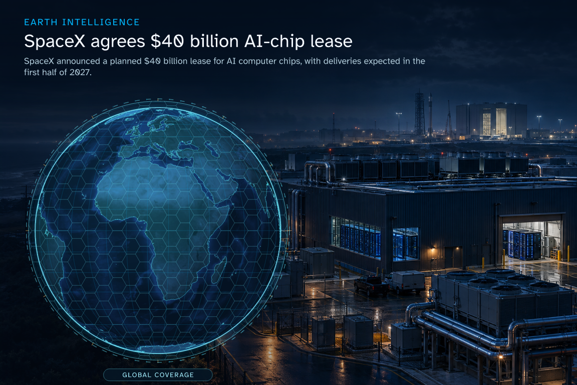 SpaceX announced a planned $40 billion lease for AI computer chips, with deliveries expected in the first half of 2027. · Geographic illustration: Global overview · AI-generated event artwork