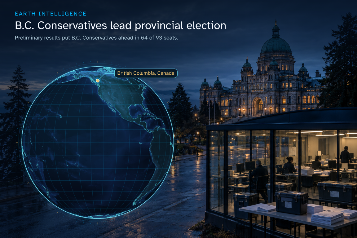 Preliminary results put B.C. Conservatives ahead in 64 of 93 seats. · Geographic illustration: British Columbia, Canada · event location · AI-generated event artwork