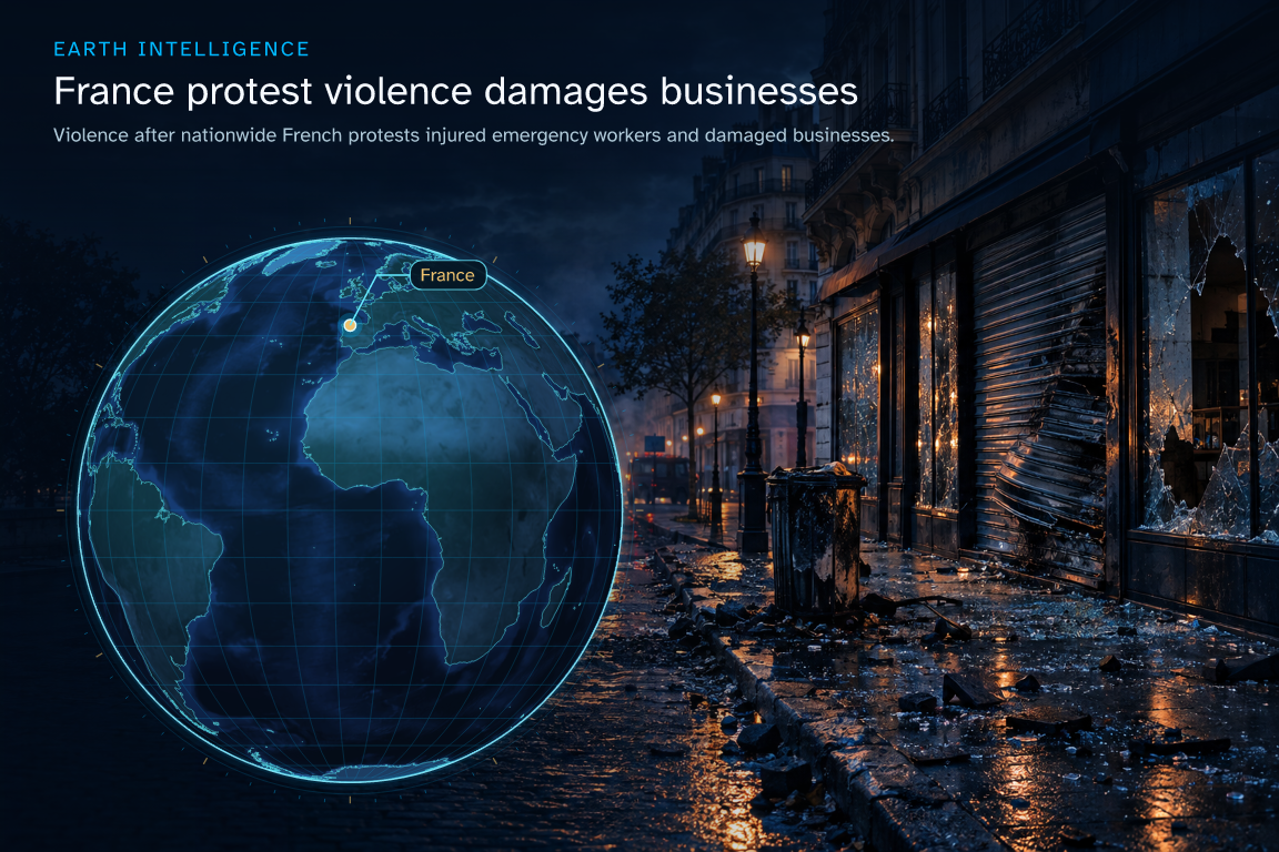 Violence after nationwide French protests injured emergency workers and damaged businesses. · Geographic illustration: France · event location · AI-generated event artwork