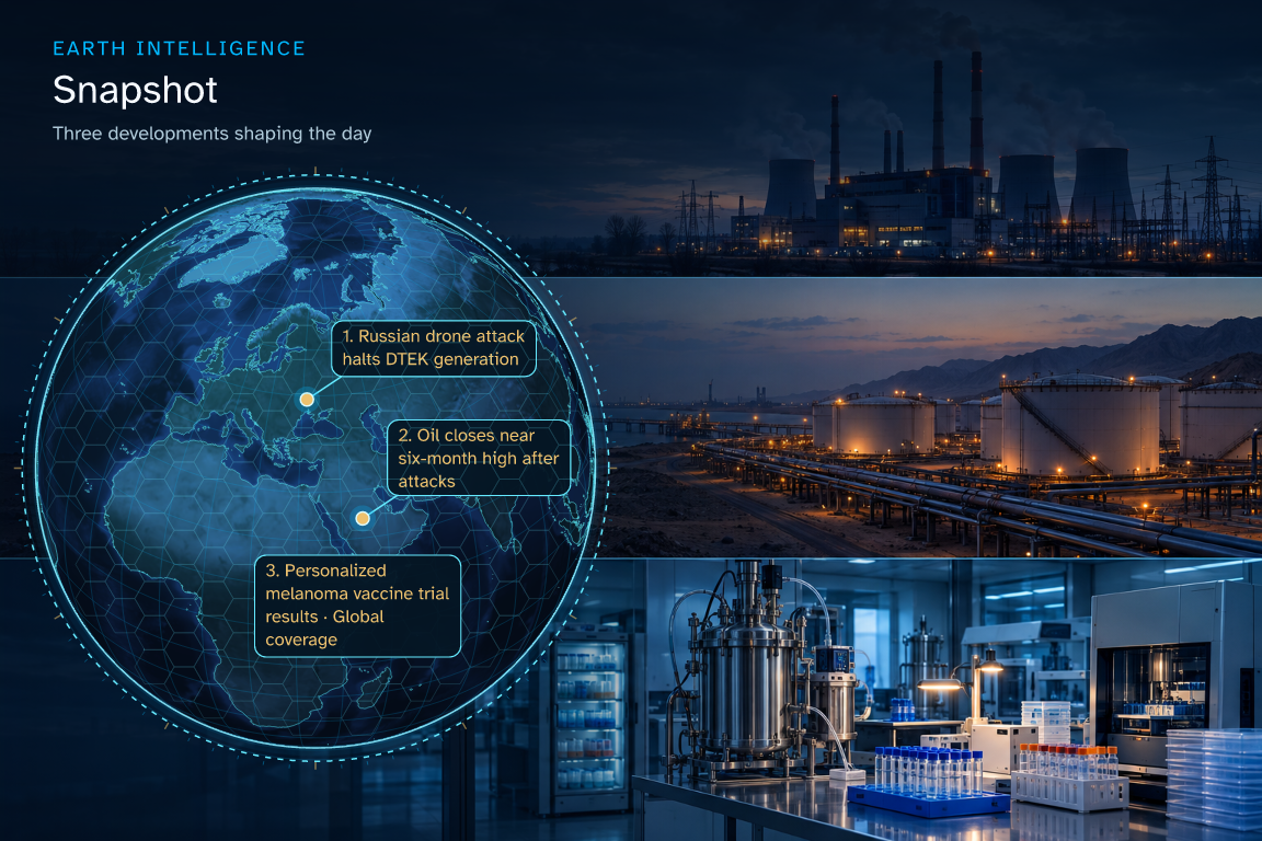 Three developments shaping the day · Geographic illustration: Ukraine · event location; Saudi Arabia · event location; Global overview · AI-generated event artwork