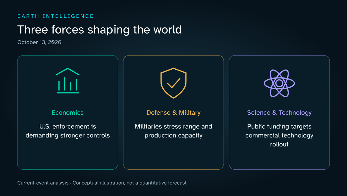 Three current themes: U.S. enforcement is demanding stronger controls; Militaries stress range and production capacity; Public funding targets commercial technology rollout. Conceptual illustration, not a data chart.