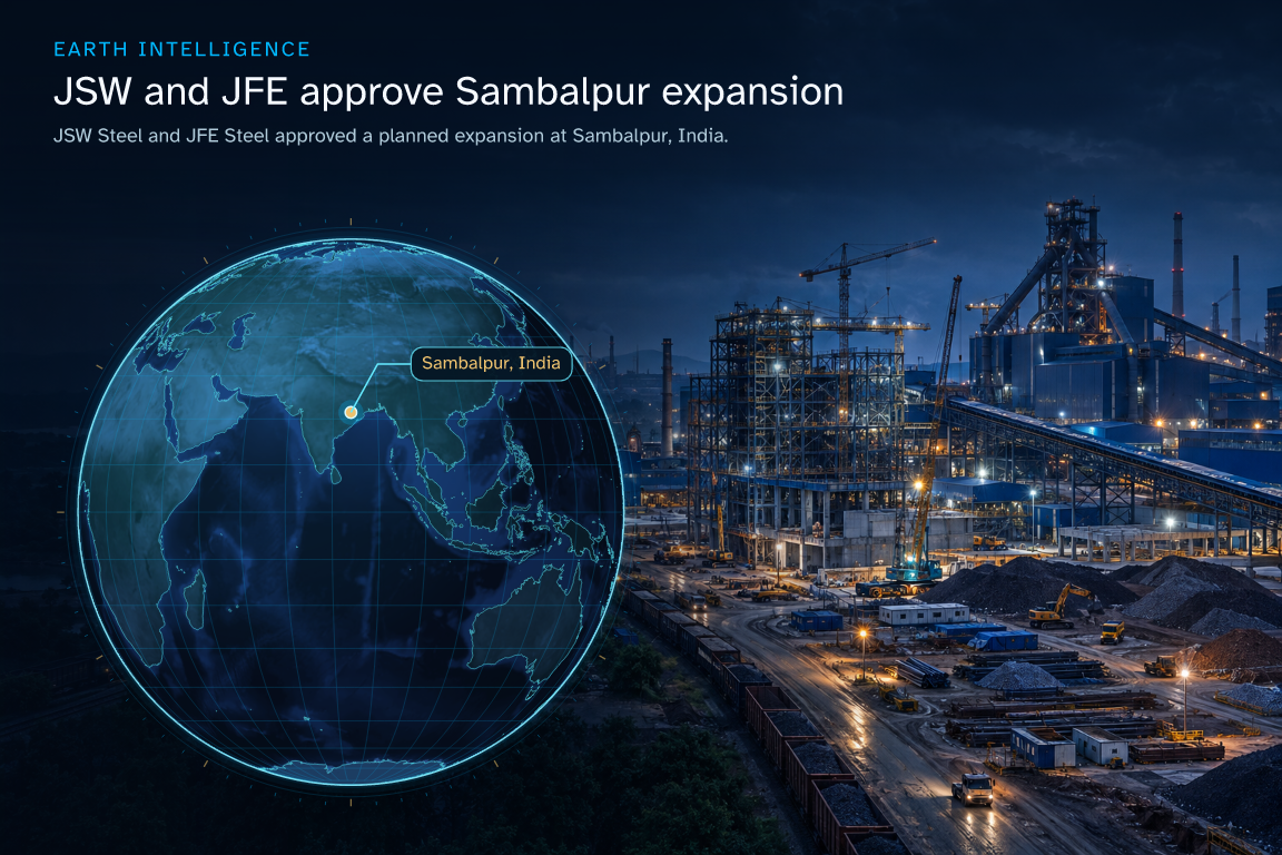 JSW Steel and JFE Steel approved a planned expansion at Sambalpur, India. · Geographic illustration: Sambalpur, India · AI-generated event artwork