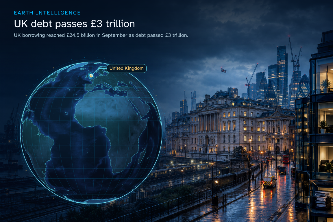 UK borrowing reached £24.5 billion in September as debt passed £3 trillion. · Geographic illustration: United Kingdom · event location · AI-generated event artwork