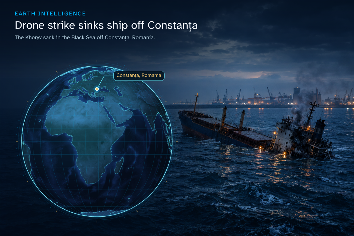 The Khoryv sank in the Black Sea off Constanța, Romania. · Geographic illustration: Constanța, Romania · AI-generated event artwork