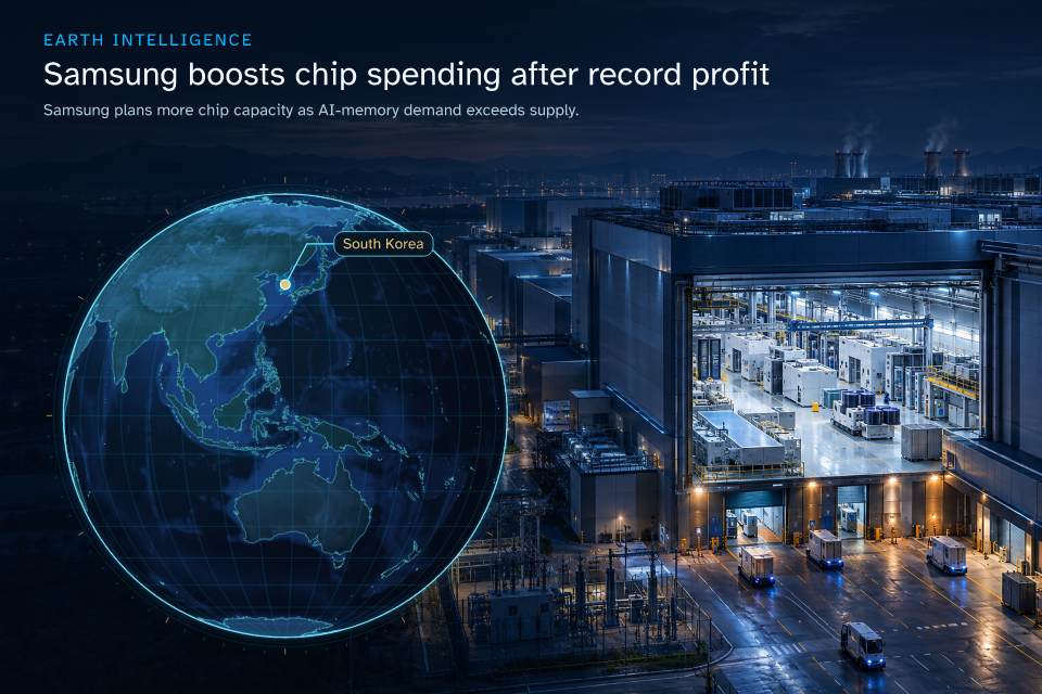 Samsung plans more chip capacity as AI-memory demand exceeds supply. · Geographic illustration: South Korea · event location · AI-generated event artwork