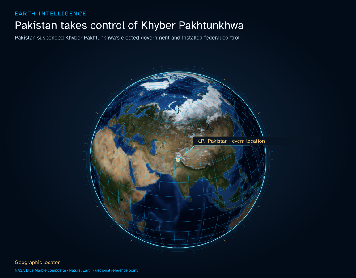 Pakistan suspended Khyber Pakhtunkhwa’s elected government and installed federal control. · Geographic illustration: K.P., Pakistan · event location