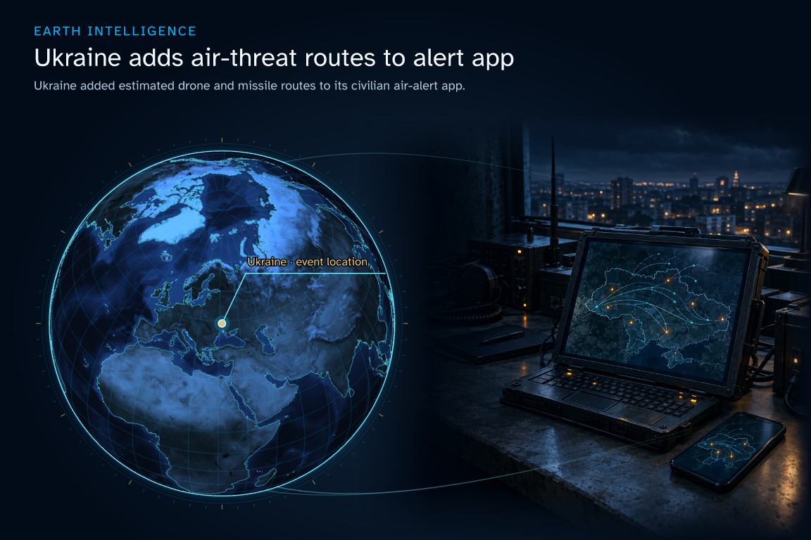 Ukraine added estimated drone and missile routes to its civilian air-alert app. · Geographic illustration: Ukraine · event location · AI-generated event artwork