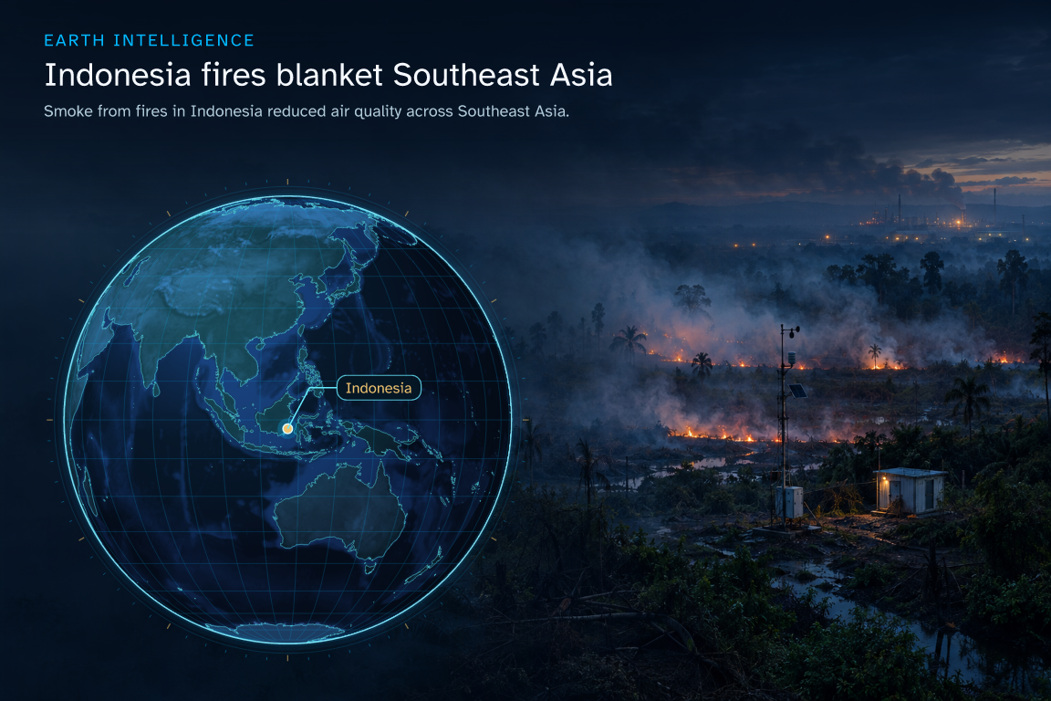 Smoke from fires in Indonesia reduced air quality across Southeast Asia. · Geographic illustration: Indonesia · event location · AI-generated event artwork
