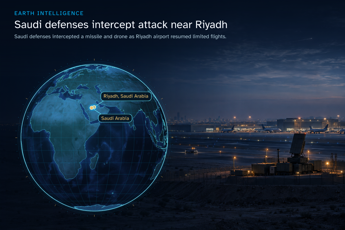 Saudi defenses intercepted a missile and drone as Riyadh airport resumed limited flights. · Geographic illustration: Riyadh, Saudi Arabia; Saudi Arabia · event location · AI-generated event artwork