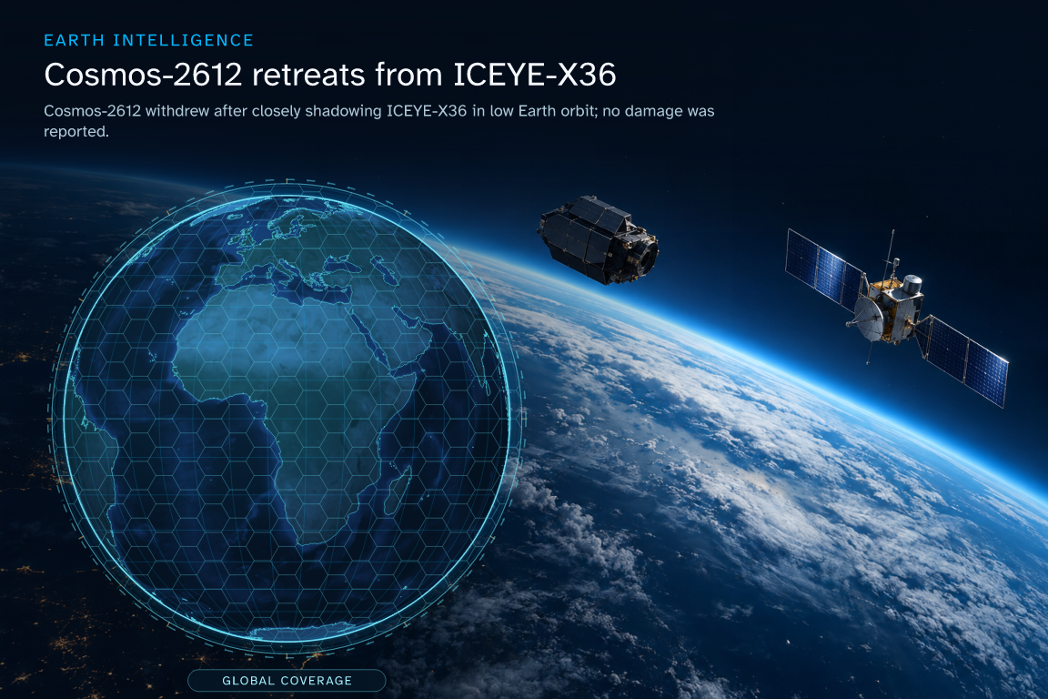 Cosmos-2612 withdrew after closely shadowing ICEYE-X36 in low Earth orbit; no damage was reported. · Geographic illustration: Global overview · AI-generated event artwork