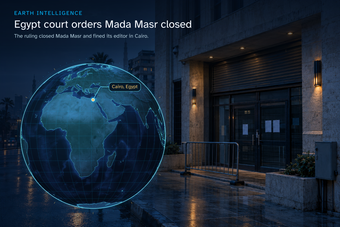 The ruling closed Mada Masr and fined its editor in Cairo. · Geographic illustration: Cairo, Egypt · AI-generated event artwork