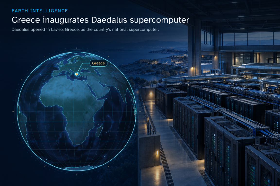 Daedalus opened in Lavrio, Greece, as the country’s national supercomputer. · Geographic illustration: Greece · event location · AI-generated event artwork