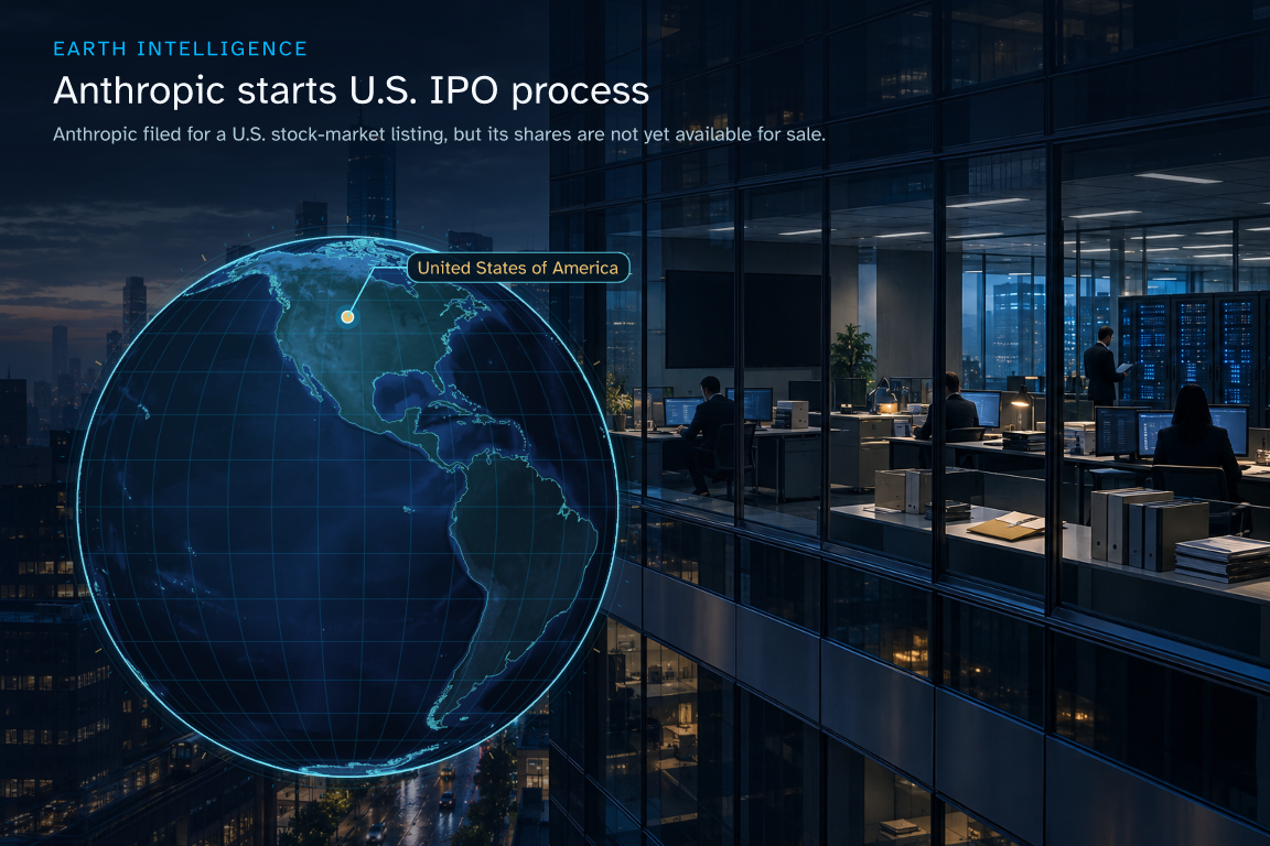 Anthropic filed for a U.S. stock-market listing, but its shares are not yet available for sale. · Geographic illustration: United States of America · event location · AI-generated event artwork