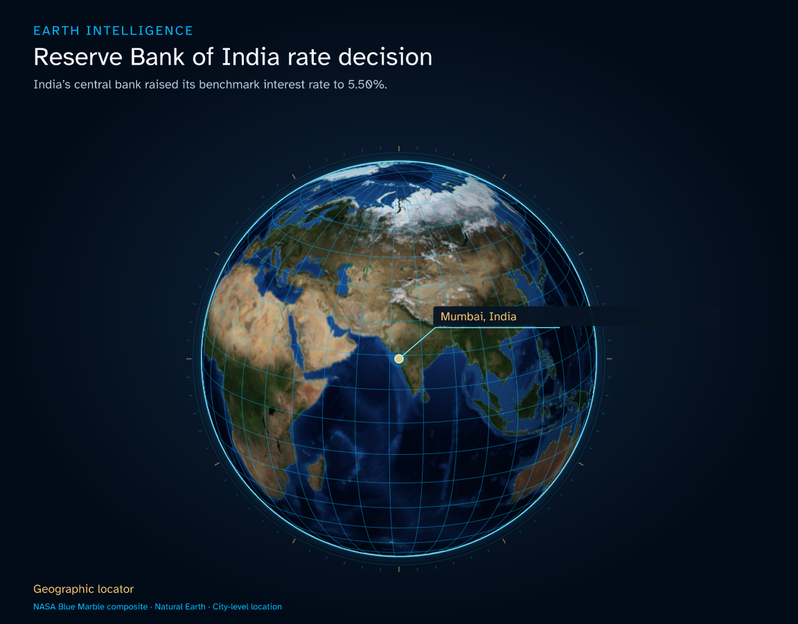 India’s central bank raised its benchmark interest rate to 5.50%. · Geographic illustration: Mumbai, India