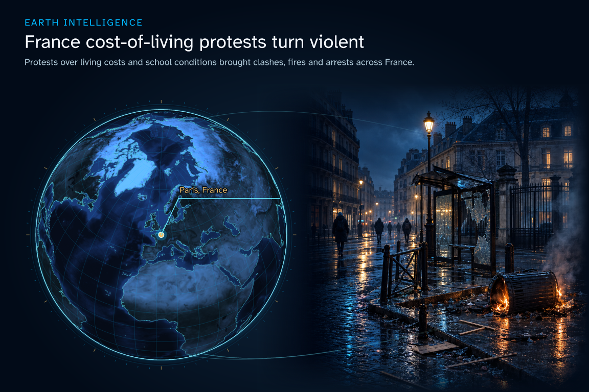 Protests over living costs and school conditions brought clashes, fires and arrests across France. · Geographic illustration: Paris, France · AI-generated event artwork