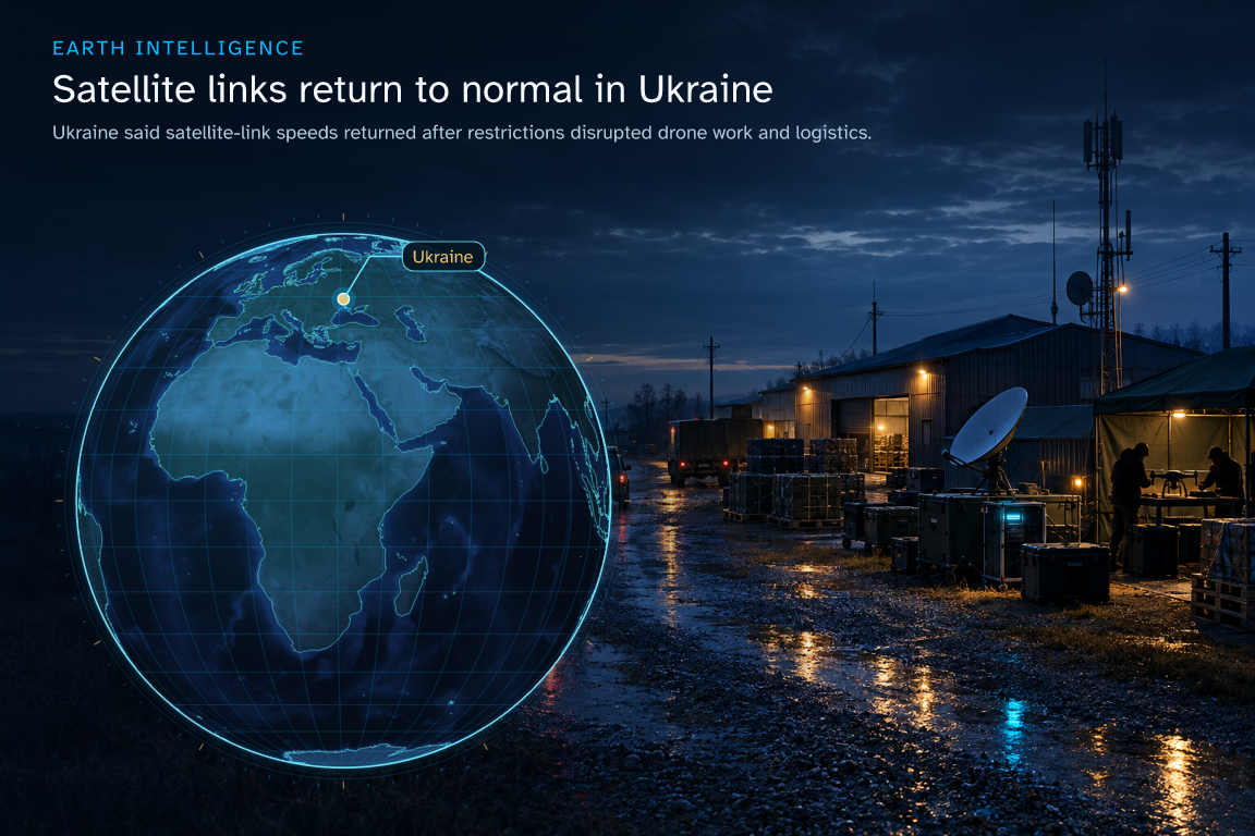 Ukraine said satellite-link speeds returned after restrictions disrupted drone work and logistics. · Geographic illustration: Ukraine · event location · AI-generated event artwork