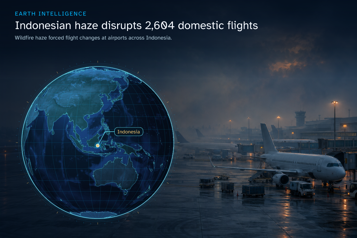 Wildfire haze forced flight changes at airports across Indonesia. · Geographic illustration: Indonesia · event location · AI-generated event artwork