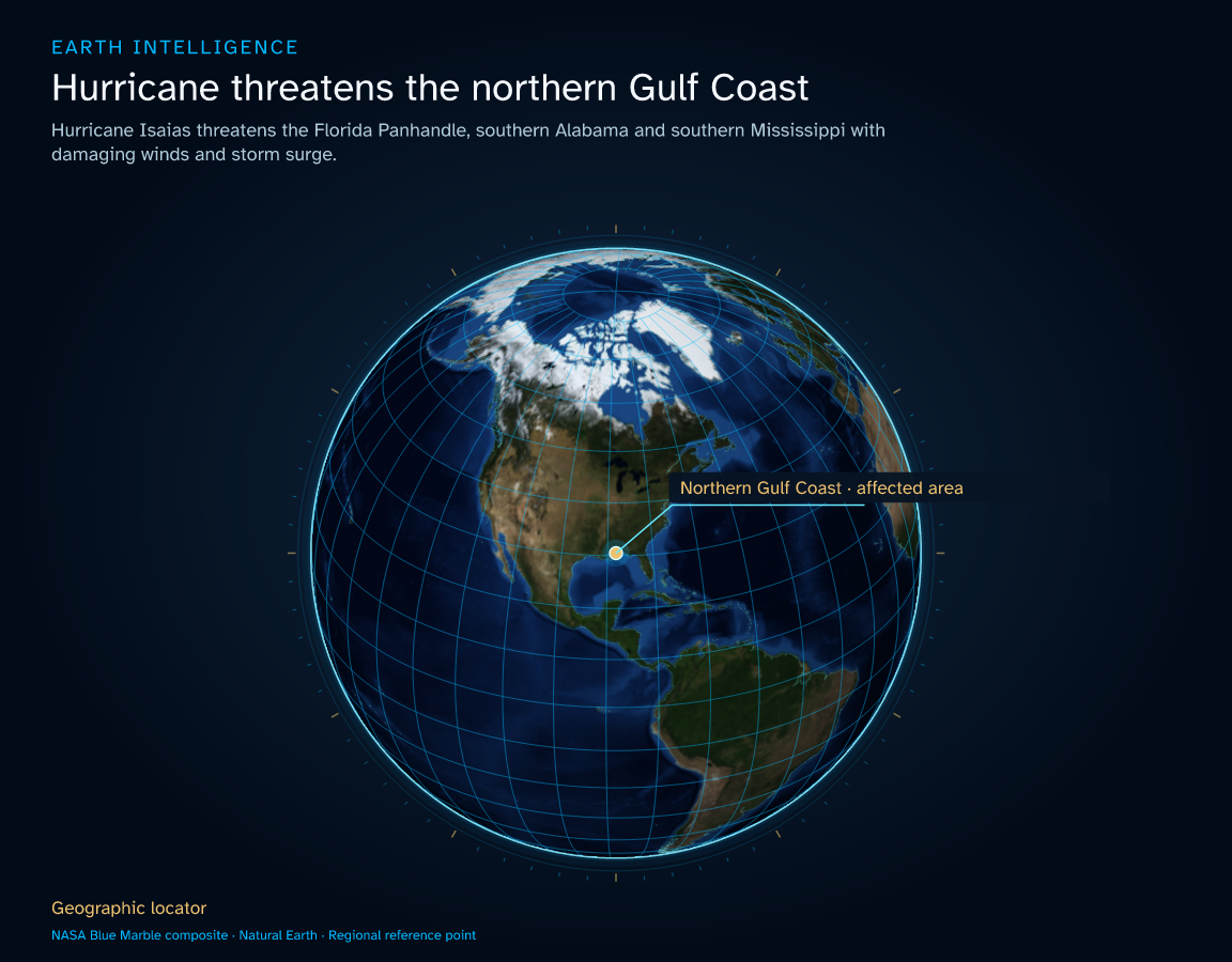 Hurricane Isaias threatens the Florida Panhandle, southern Alabama and southern Mississippi with damaging winds and storm surge. · Geographic illustration: Northern Gulf Coast · affected area