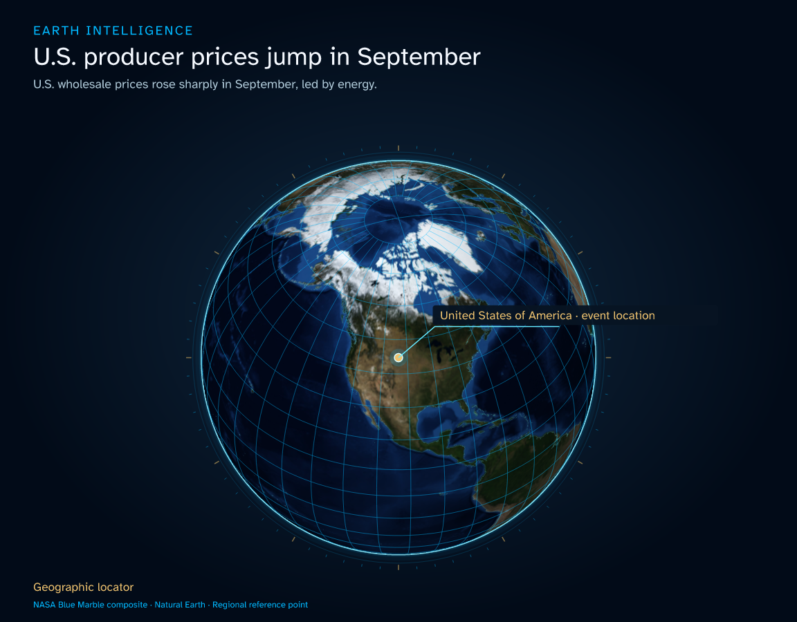 U.S. wholesale prices rose sharply in September, led by energy. · Geographic illustration: United States of America · event location