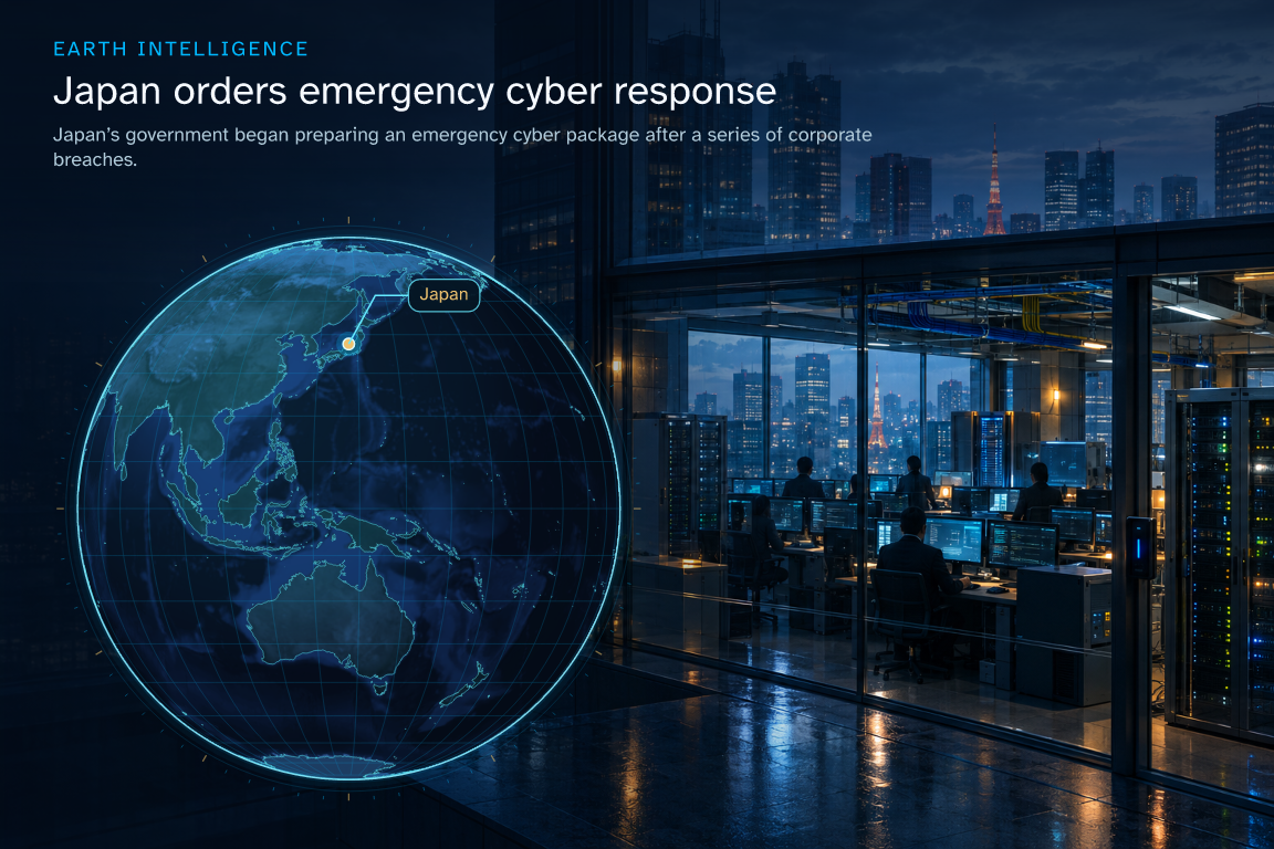 Japan’s government began preparing an emergency cyber package after a series of corporate breaches. · Geographic illustration: Japan · event location · AI-generated event artwork