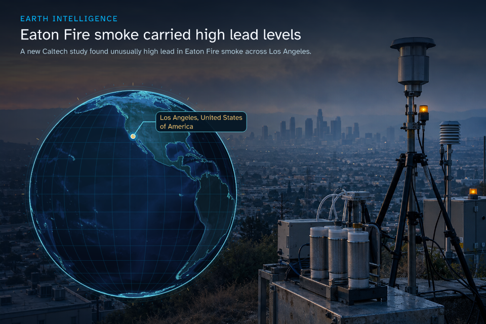 A new Caltech study found unusually high lead in Eaton Fire smoke across Los Angeles. · Geographic illustration: Los Angeles, United States of America · AI-generated event artwork