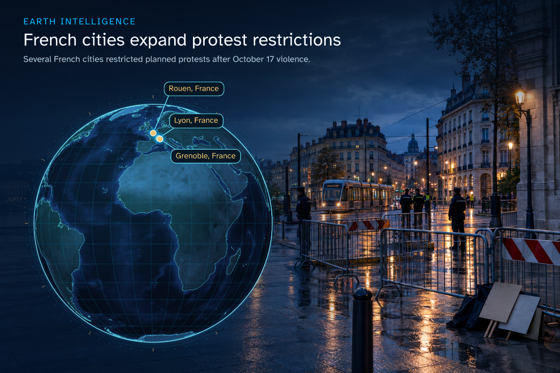 Several French cities restricted planned protests after October 17 violence. · Geographic illustration: Lyon, France; Grenoble, France; Rouen, France · AI-generated event artwork