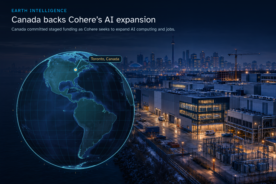 Canada committed staged funding as Cohere seeks to expand AI computing and jobs. · Geographic illustration: Toronto, Canada · AI-generated event artwork