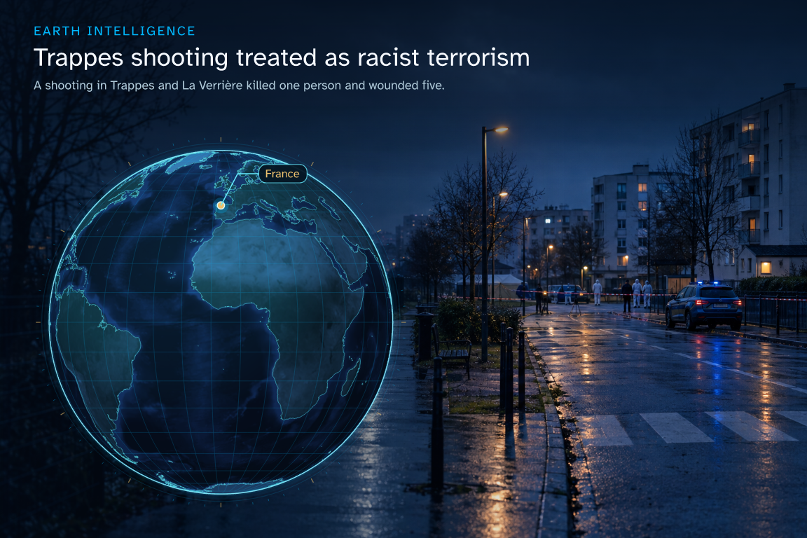 A shooting in Trappes and La Verrière killed one person and wounded five. · Geographic illustration: France · event location · AI-generated event artwork
