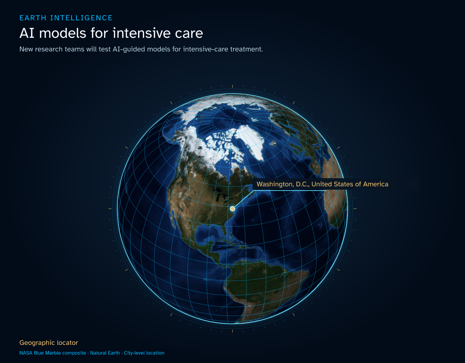 New research teams will test AI-guided models for intensive-care treatment. · Geographic illustration: Washington,  D.C., United States of America
