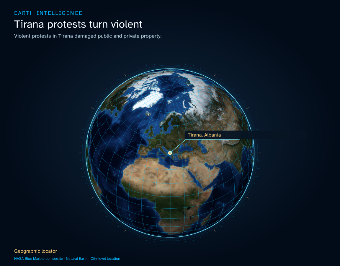 Violent protests in Tirana damaged public and private property. · Geographic illustration: Tirana, Albania