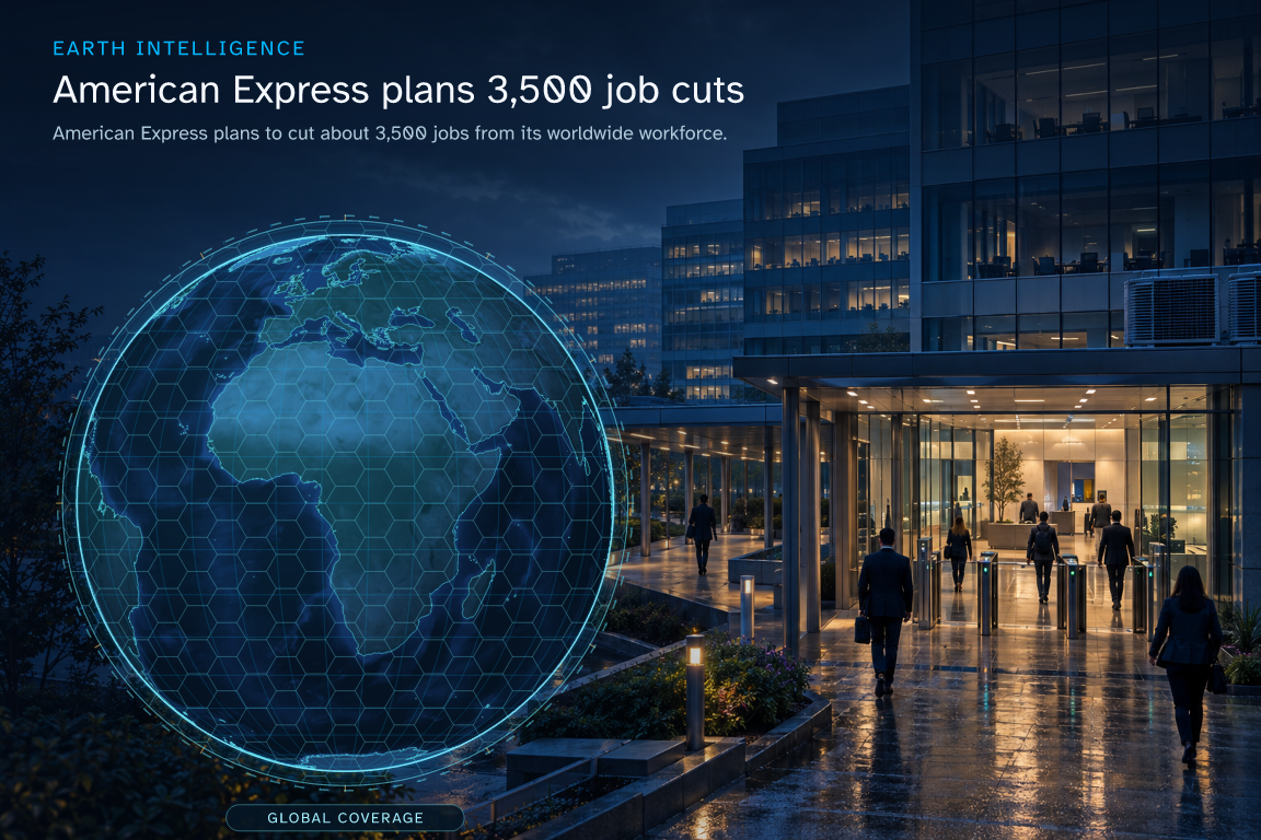 American Express plans to cut about 3,500 jobs from its worldwide workforce. · Geographic illustration: Global overview · AI-generated event artwork