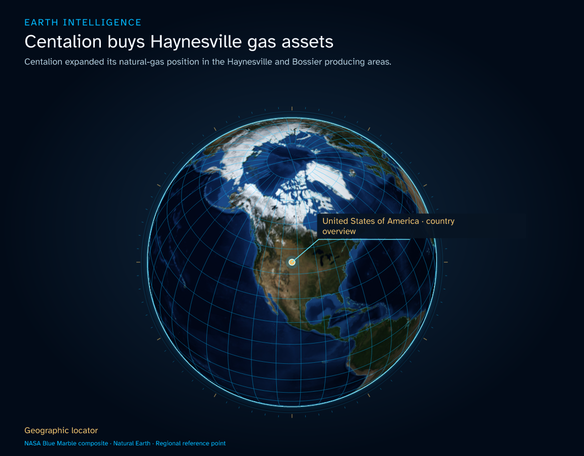 Centalion expanded its natural-gas position in the Haynesville and Bossier producing areas. · Geographic illustration: United States of America · country overview