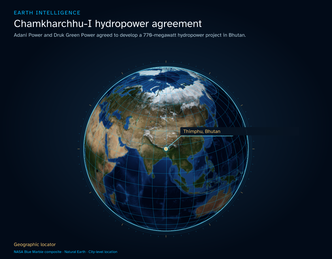 Adani Power and Druk Green Power agreed to develop a 770-megawatt hydropower project in Bhutan. · Geographic illustration: Thimphu, Bhutan