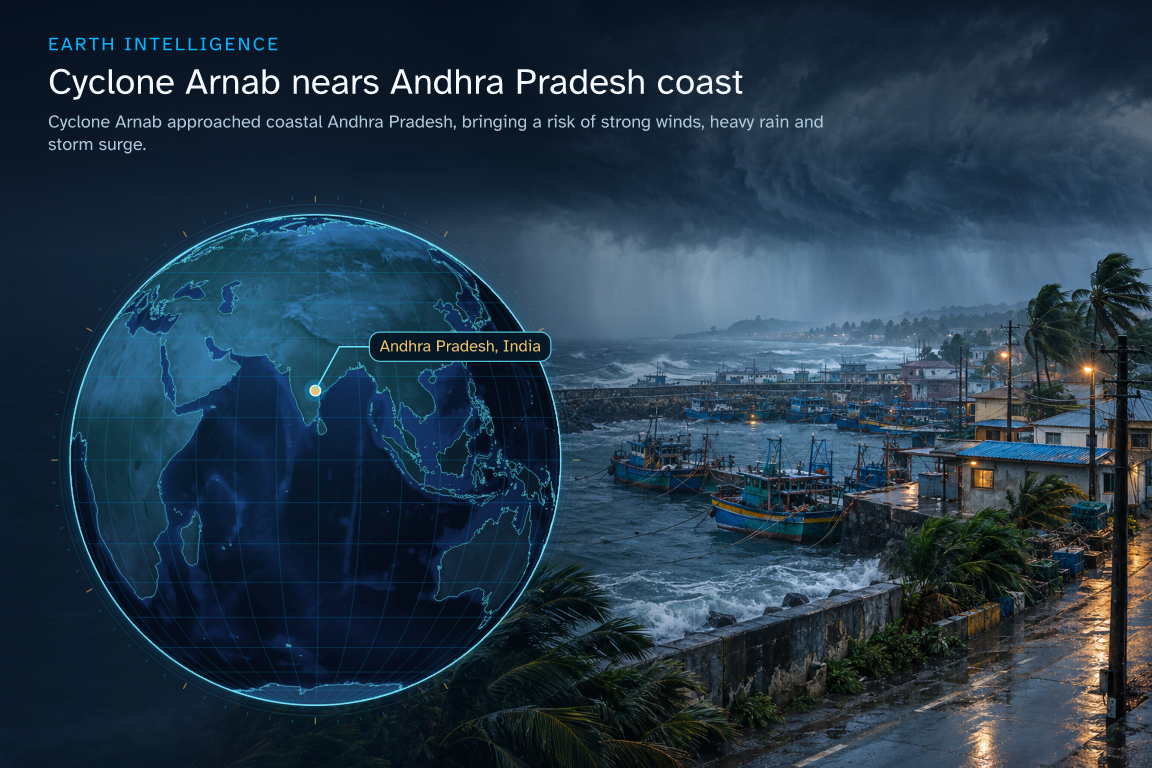 Cyclone Arnab approached coastal Andhra Pradesh, bringing a risk of strong winds, heavy rain and storm surge. · Geographic illustration: Andhra Pradesh, India · event location · AI-generated event artwork