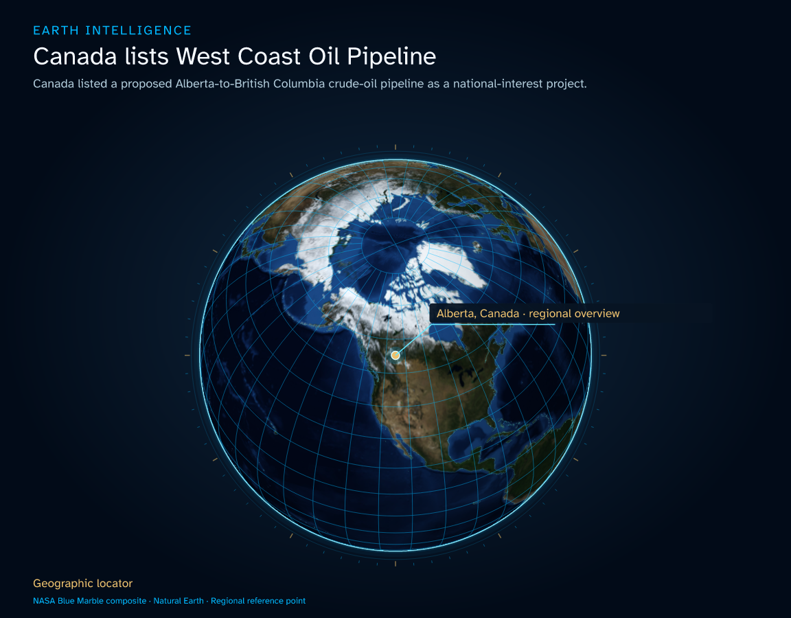 Canada listed a proposed Alberta-to-British Columbia crude-oil pipeline as a national-interest project. · Geographic illustration: Alberta, Canada · regional overview