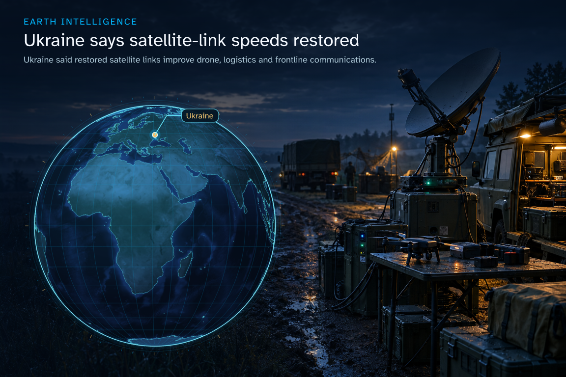 Ukraine said restored satellite links improve drone, logistics and frontline communications. · Geographic illustration: Ukraine · event location · AI-generated event artwork