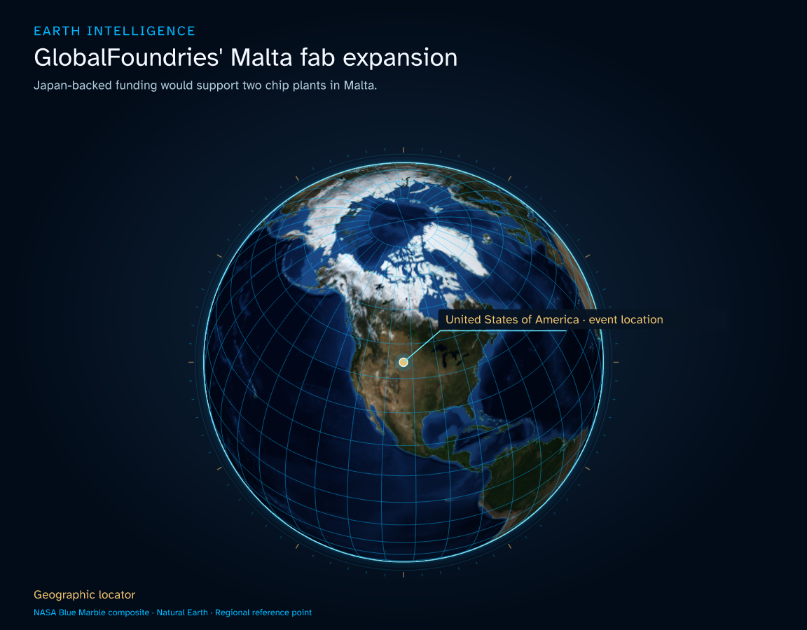 Japan-backed funding would support two chip plants in Malta. · Geographic illustration: United States of America · event location