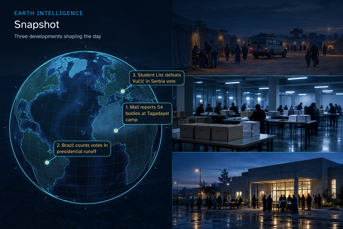 Three developments shaping the day · Geographic illustration: Ménaka, Mali; Brazil · event location; Serbia · event location · AI-generated event artwork