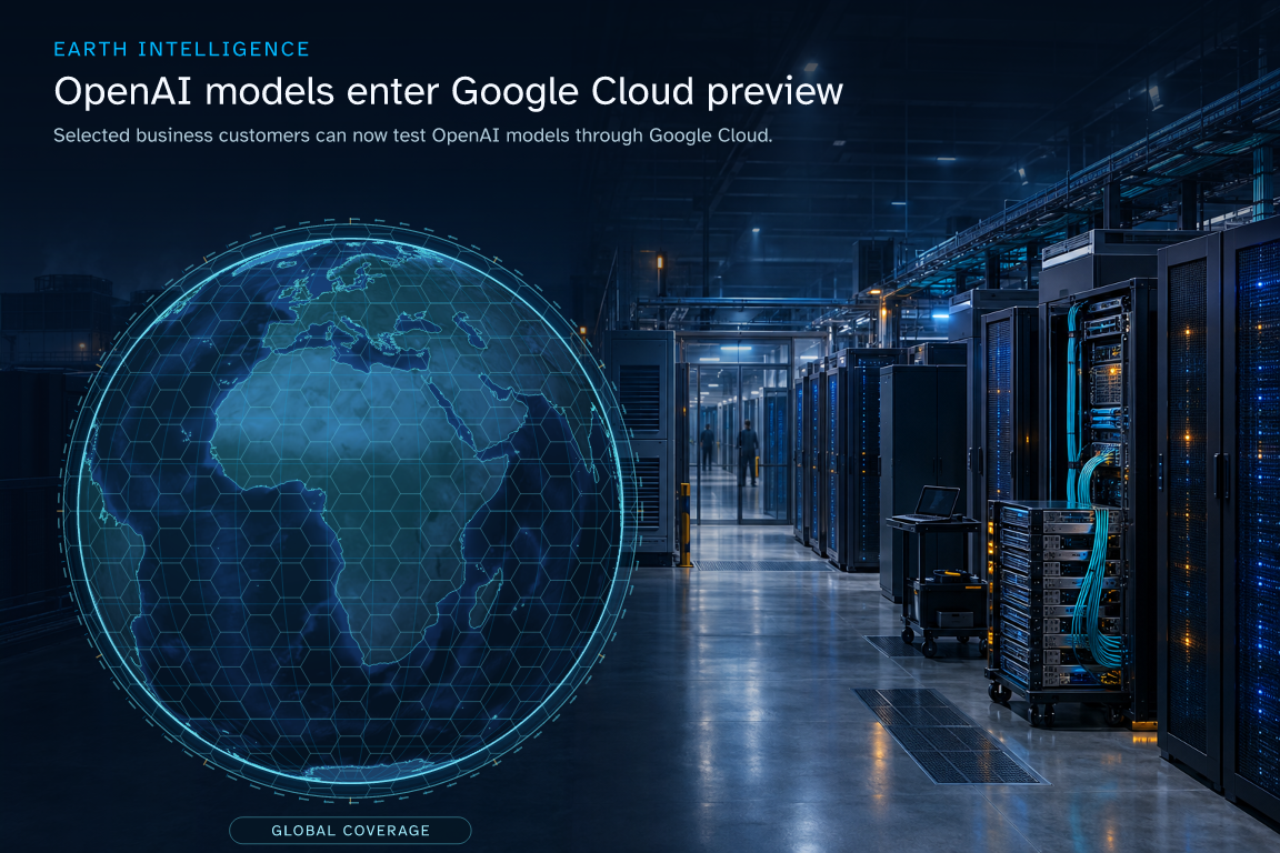 Selected business customers can now test OpenAI models through Google Cloud. · Geographic illustration: Global overview · AI-generated event artwork