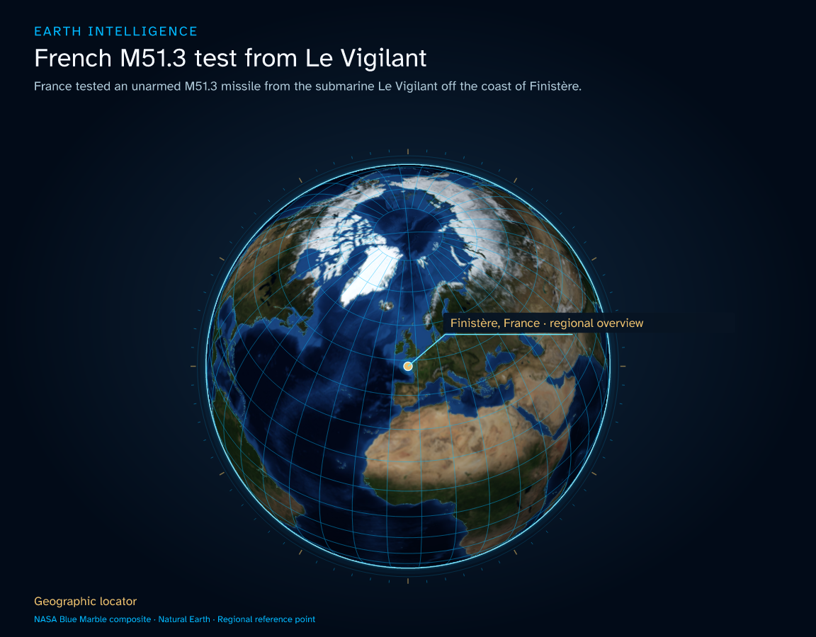France tested an unarmed M51.3 missile from the submarine Le Vigilant off the coast of Finistère. · Geographic illustration: Finistère, France · regional overview