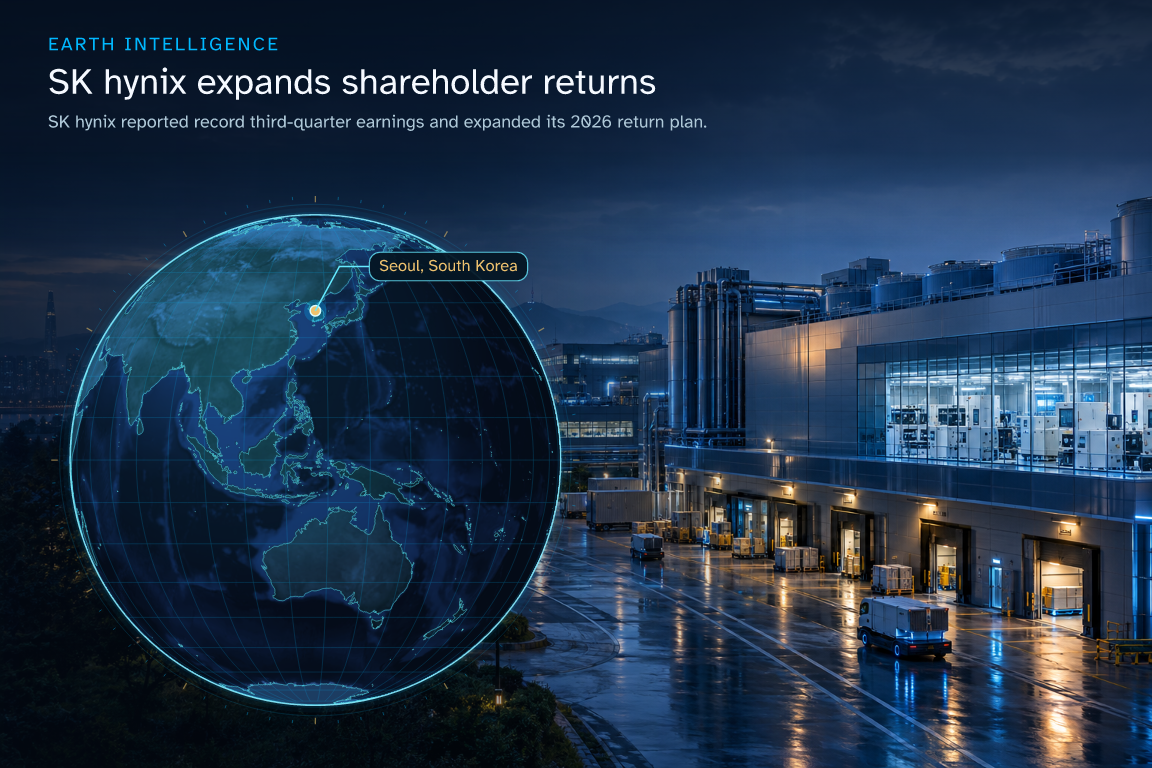 SK hynix reported record third-quarter earnings and expanded its 2026 return plan. · Geographic illustration: Seoul, South Korea · AI-generated event artwork